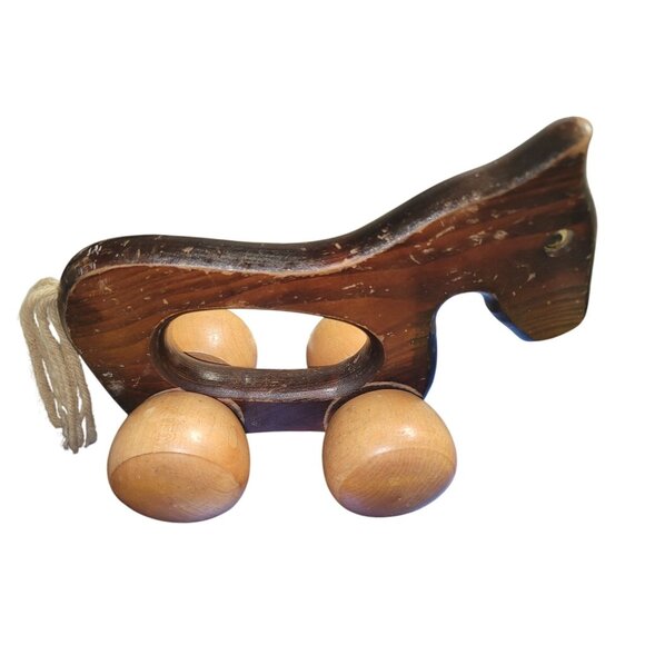 Vintage Wooden Horse Rolling Toy With Rope Tail & Smooth Wheels Handcrafted - Picture 2 of 13
